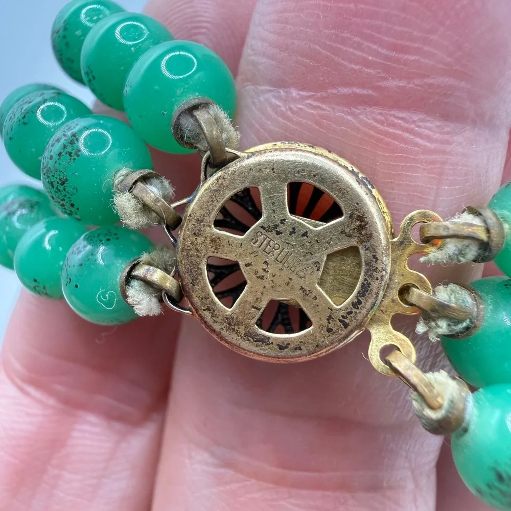 Vintage Triple Strand Green Speckled Bead‎ Bracelet Sterling Silver Clasp